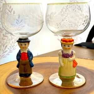 2 Goebel Hummel Girl and Boy Wine Glass Set Gold Trim Grape West Germany Lot